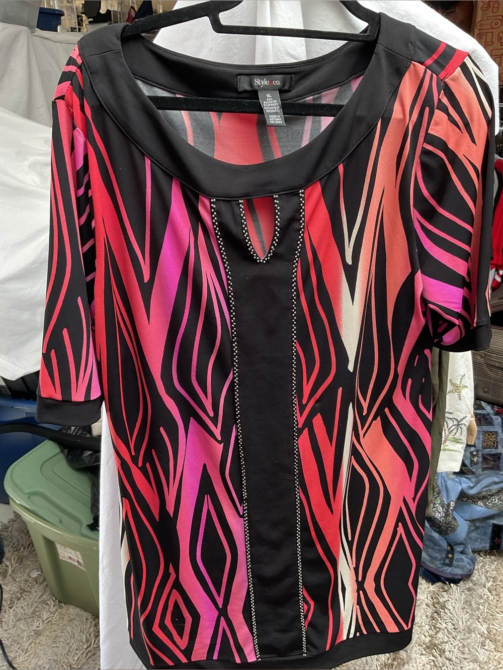 Style & Co Black Top with Pink and Coral Wave Print
